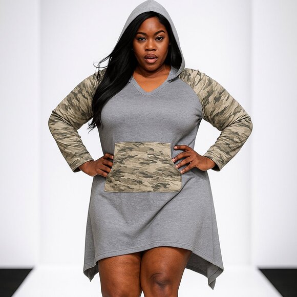 Hooded Dress - Grey with Camo Raglan Sleeves & Front Pocket - Casual Sporty Chic - Picture 1 of 8